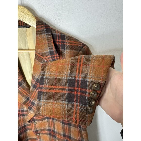 Vintage Country Squire Plaid Wool Sport Coat Men 40 Brown Orange Check 70s - Picture 2 of 8
